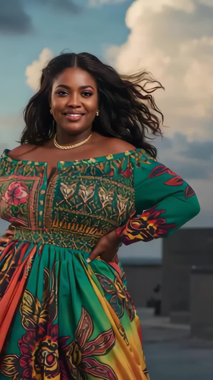 Vertical video: Playback starting woman wearing maxi dress posing on terrace, wind-swept hair