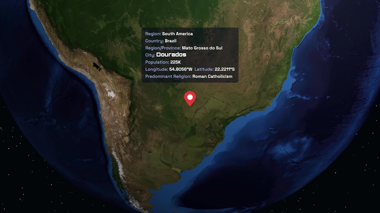Digital globe rotates and zooms into South America, highlighting Dourados Brazil with informational text