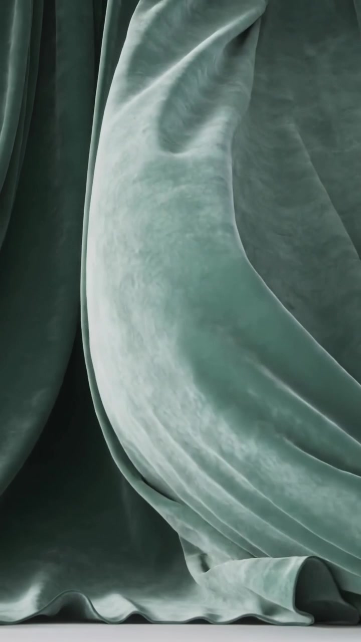 Vertical video: Bulging velvet curtain pushing out from right panel in stage, lifting hem settling