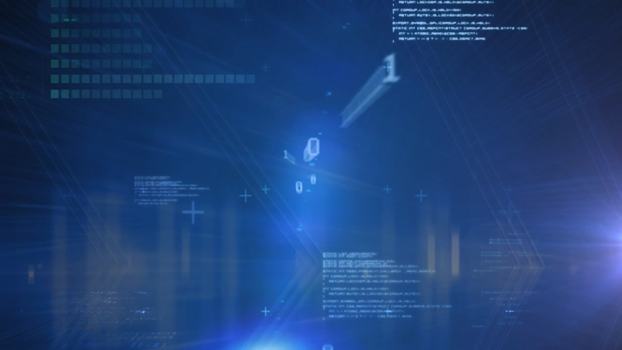 Animation of data processing and binary coding over glowing light on blue background