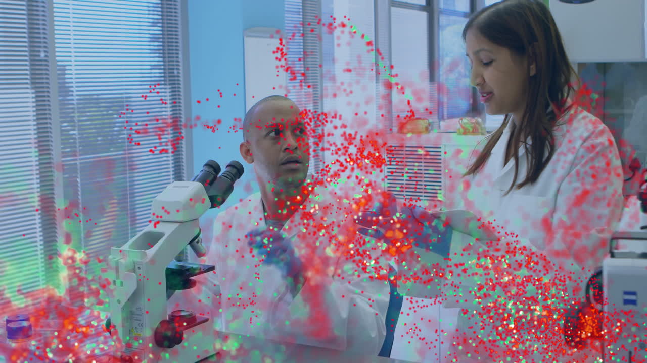 biology laboratory scientists collaborating at microscope and slide, displaying holographic overlay