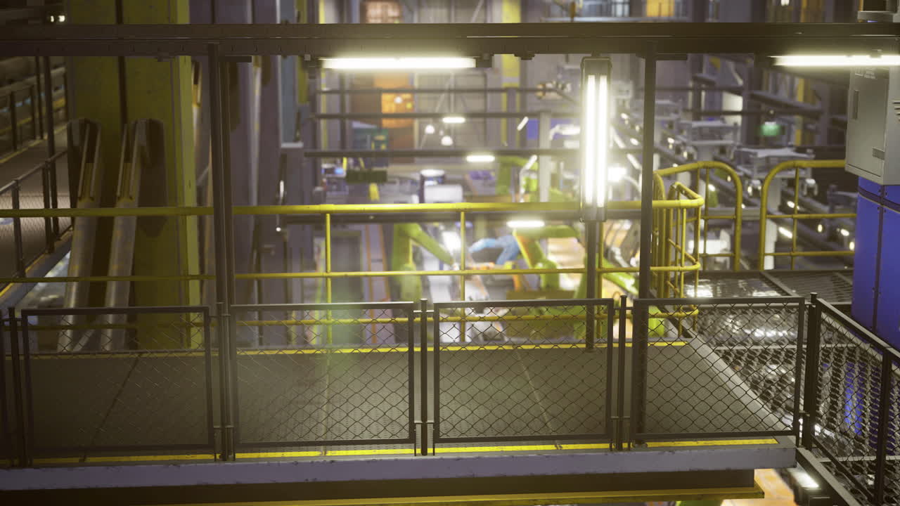 Nighttime view of an industrial facility with machinery and workstations
