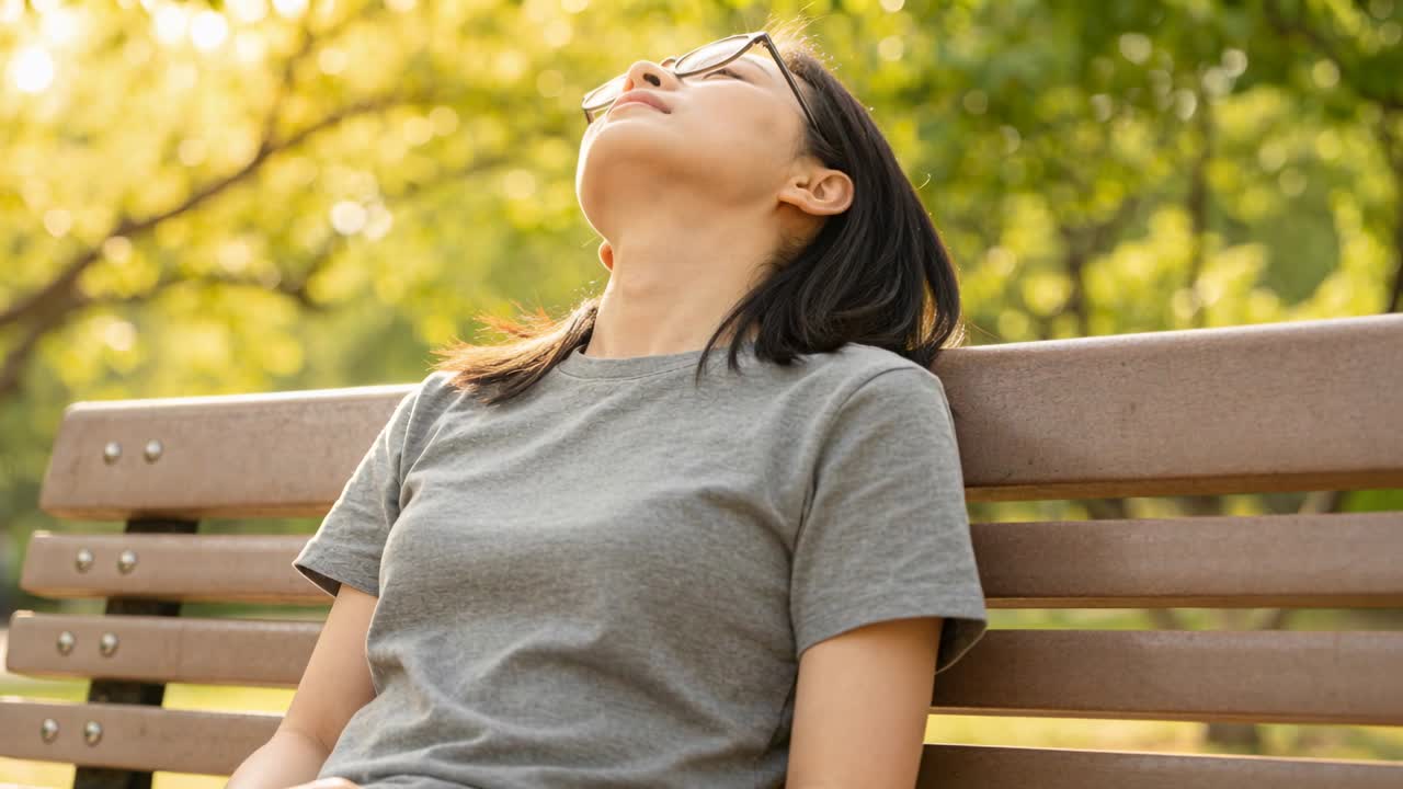 Donna asiatica appoggiata che indossa una maglietta grigia e occhiali, con la testa inclinata verso l'alto su una panchina del parco con luce solare filtrante