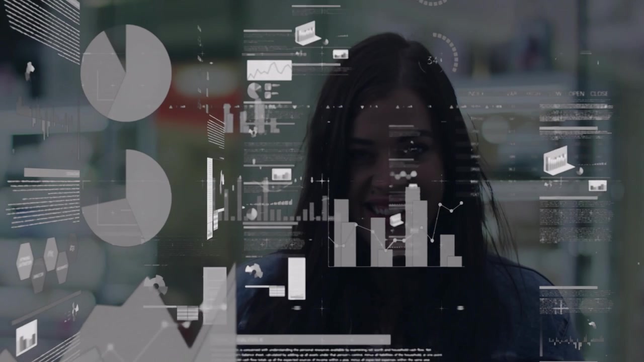 Woman data analyst reviewing tech office, viewing floating bar charts pie chart line graph