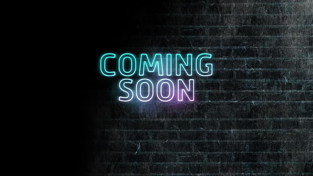 Animation of neon coming soon text over black brick wall