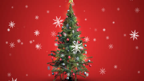 Animation-of-snow-falling-over-christmas-tree-on-red-background