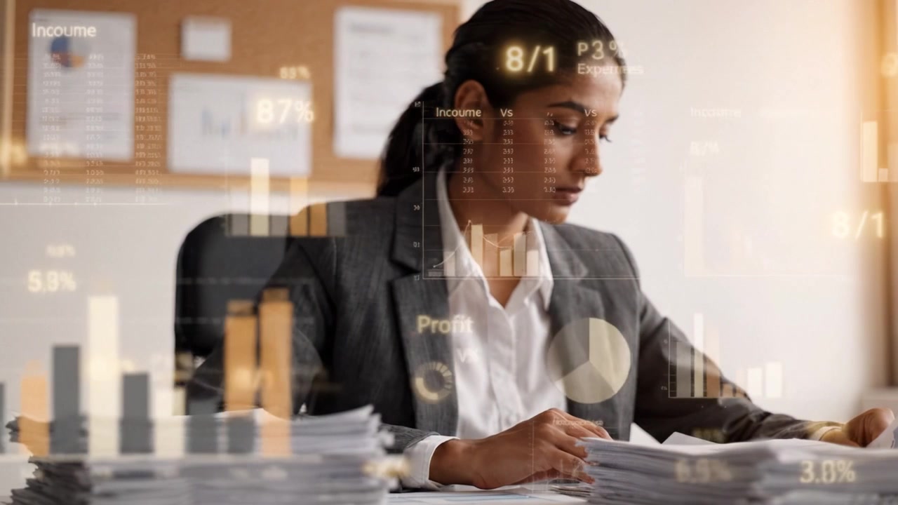 Focused Professional Analyzing Financial Documents and Data Visualizations in an Office Setting to Enhance Decision-Making and Improve Business Insights