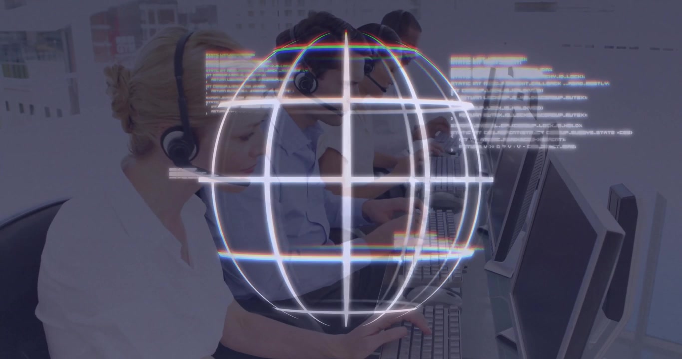 Agenti del servizio clienti che digitano richieste sui monitor e avviano un globo rotante che traccia flussi di dati.