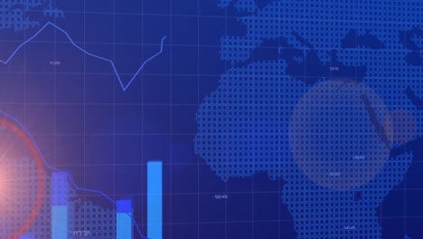 animation of financial data processing over world map on blue background