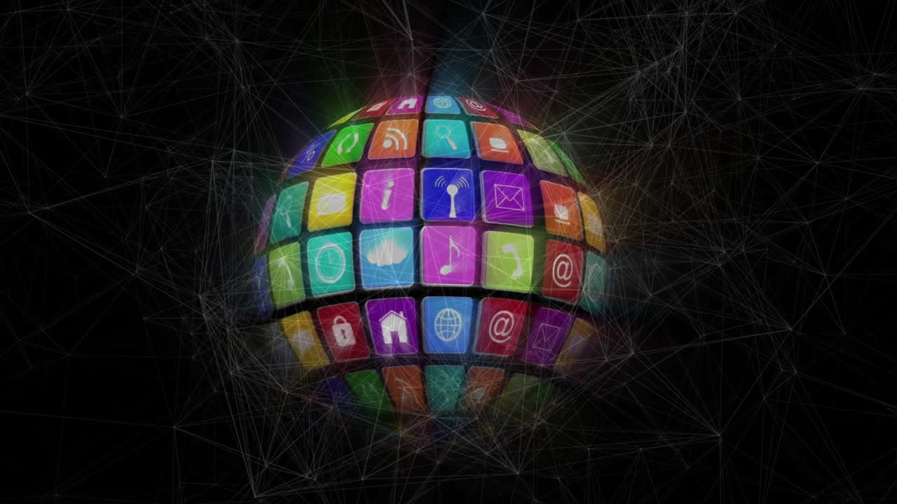animación de la red de conexiones en todo el mundo con iconos en fondo negro