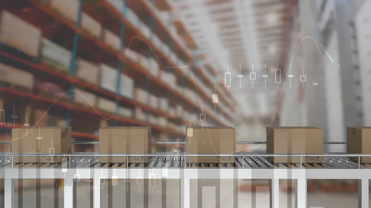 animación del procesamiento de datos financieros sobre cajas de cartón en cinta transportadora
