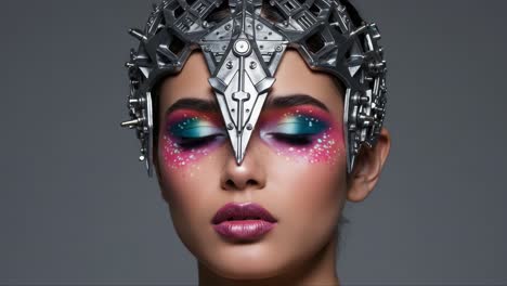 a stunning portrait of a model with futuristic makeup and unique metallic headpiece, showcasing bold colors and artistic expression in beauty fashion photography
