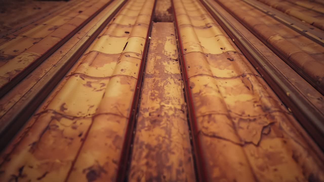 Tracking camera revealing rusted corrugated metal roof panels on rooftop, highlighting corrosion
