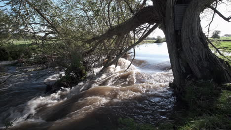 El-Agua-Que-Fluye-Rápidamente-De-La-Flecha-Del-Río-Que-Atraviesa-Warwickshire,-Inglaterra,-Después-De-Que-Las-Fuertes-Lluvias-Elevaron-El-Nivel-Del-Río