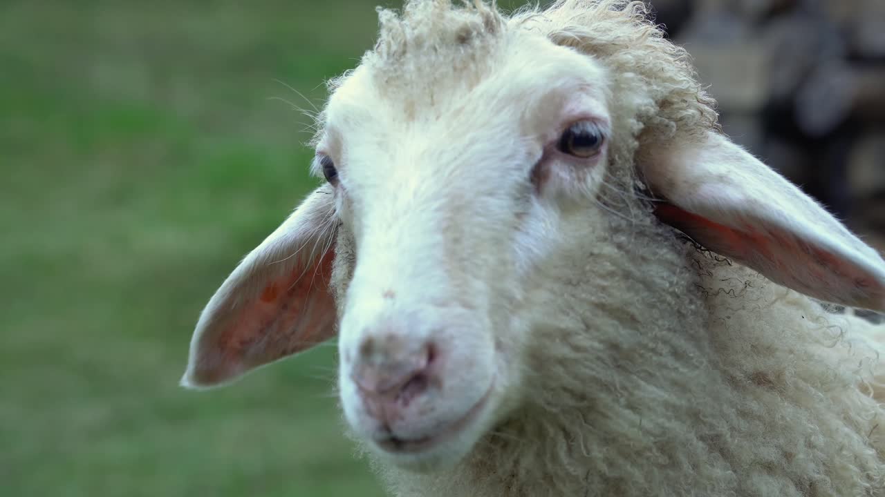 흐린 날에 귀여운 흰 양을 쓰다듬는 암컷 손의 클로즈업 보기