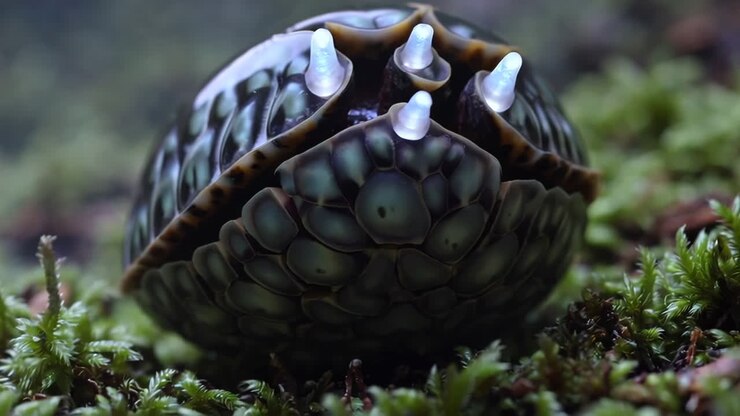 Close-up of a shelled snail on moss