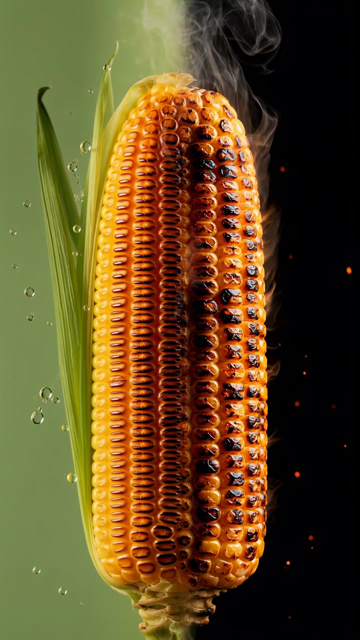 Single ear of corn shown in vertical split change: left side fresh with plump glossy yellow kernels, intact green husk leaf, and suspended droplets against pale green background, right side grilled