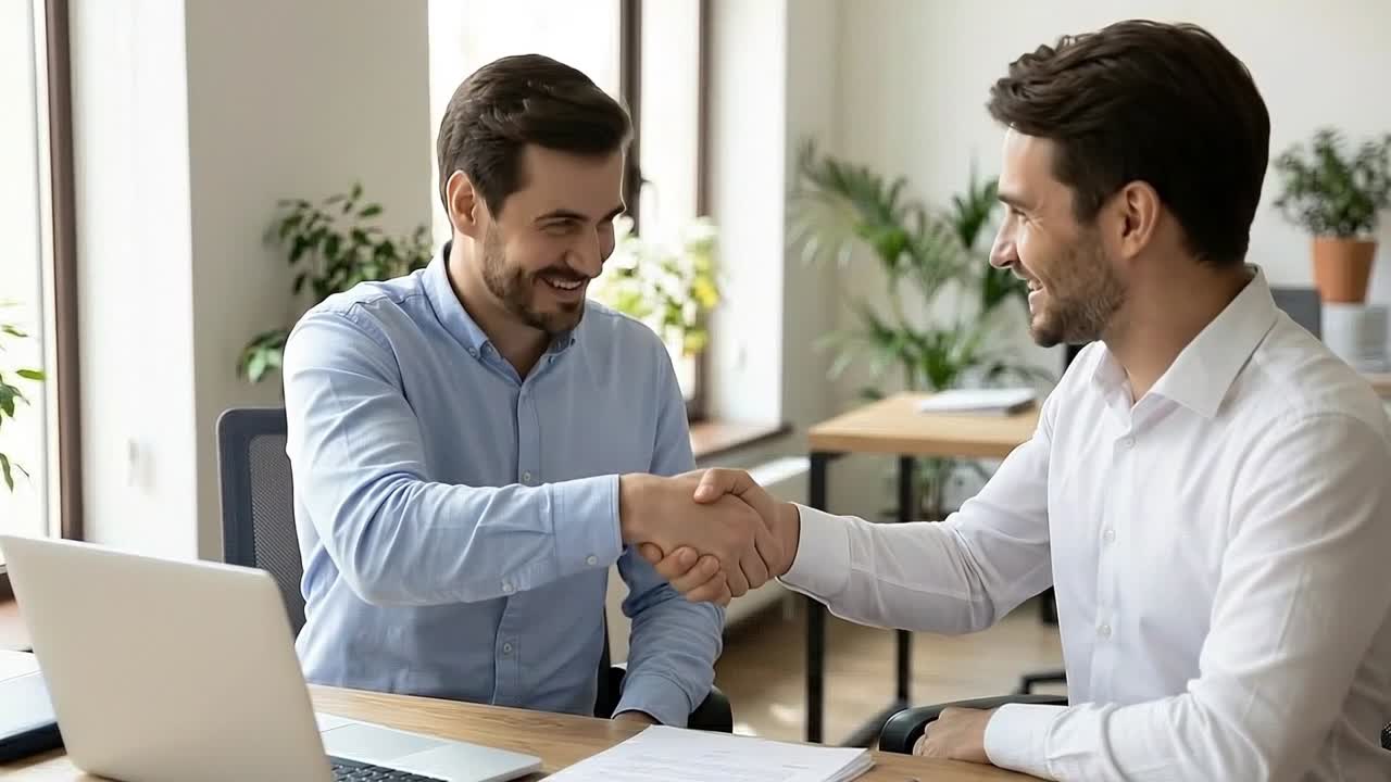 Cordiale stretta di mano d'affari tra due professionisti seduti alla scrivania con documenti e laptop in ufficio