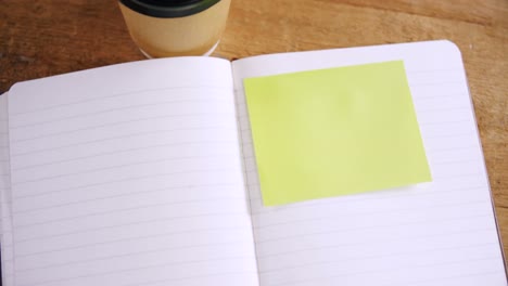 coffee with organizer and sticky note on wooden table 4k