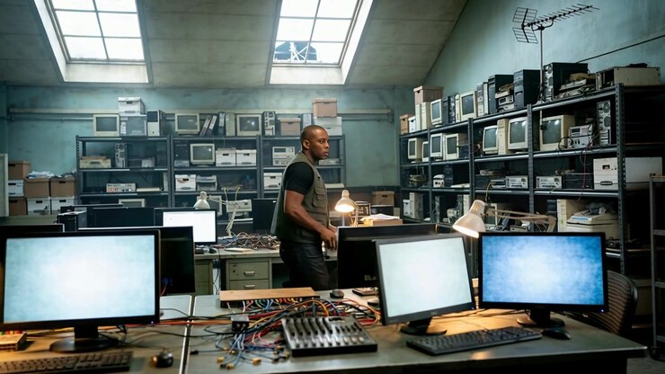 Lifting silver briefcase, male technician walking along workbench, scanning shelves under skylights