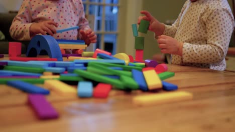 twins playing and stacking coloured wooden shapes