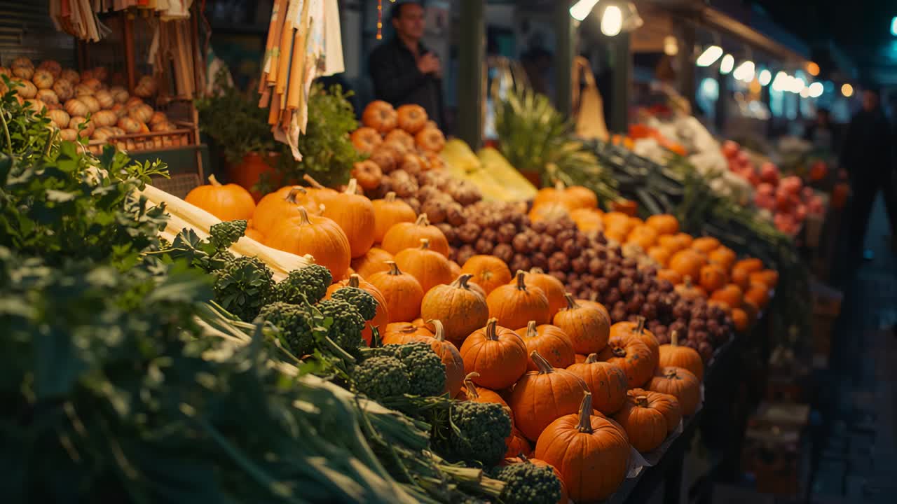Holding shot of pumpkin display at night market, shopper arriving and picking apple for purchase