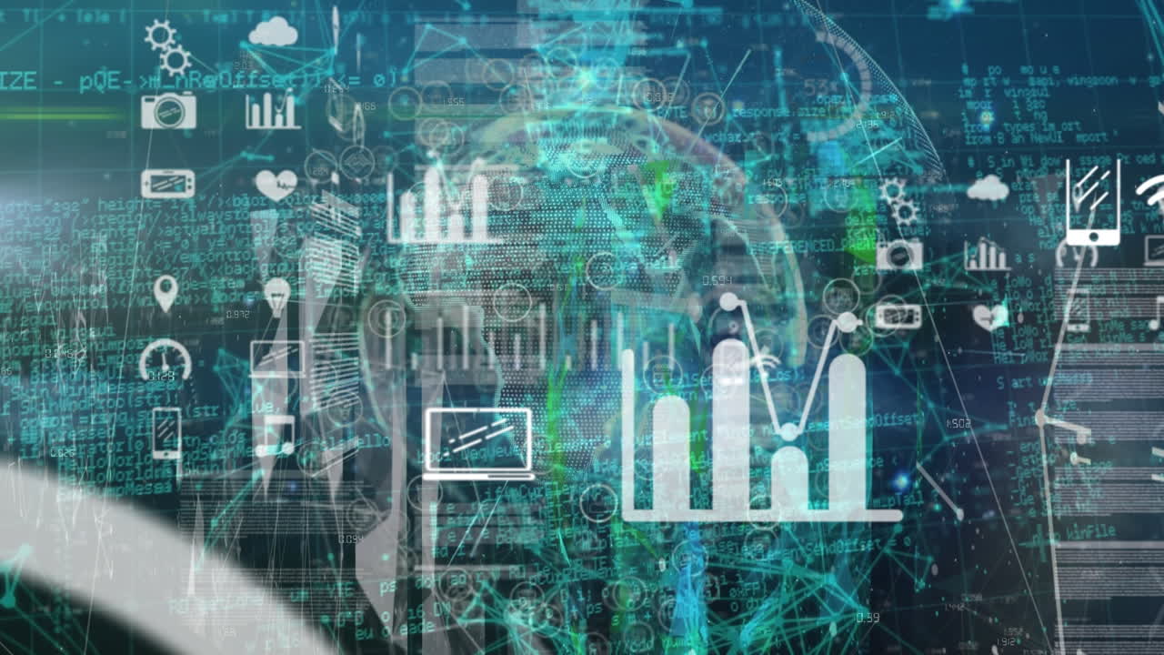 Animation of digital icons and data processing over globe of plexus networks against blue background