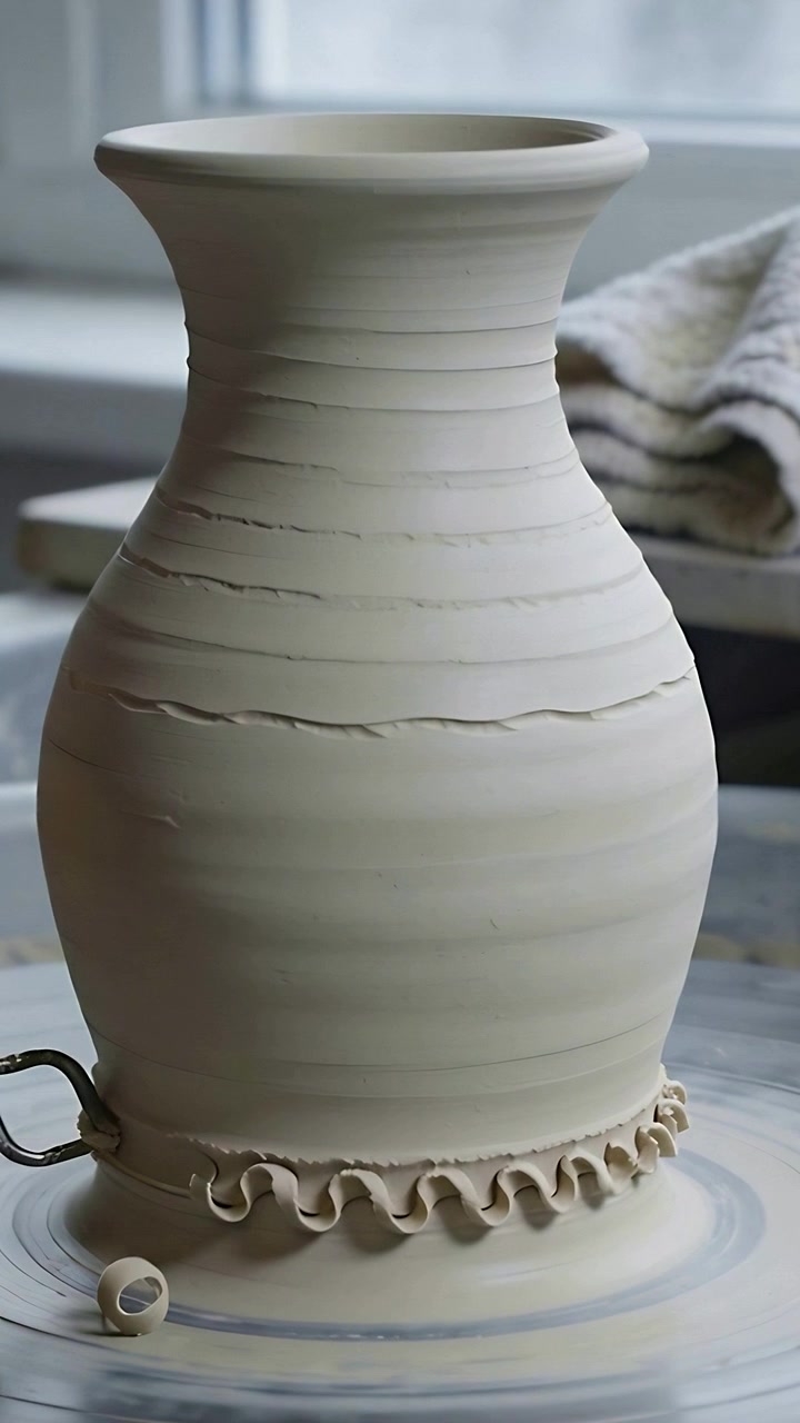 Video verticale: Tornio in azione, un attrezzo a cappio che rifila un vaso appena modellato vicino a una finestra, creando un bordo increspato.