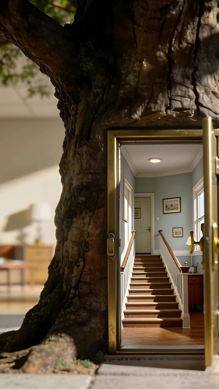 Video verticale: La telecamera si sposta rivelando un tronco d'albero con una porta di ottone su un pavimento di legno, mostrando delle scale.