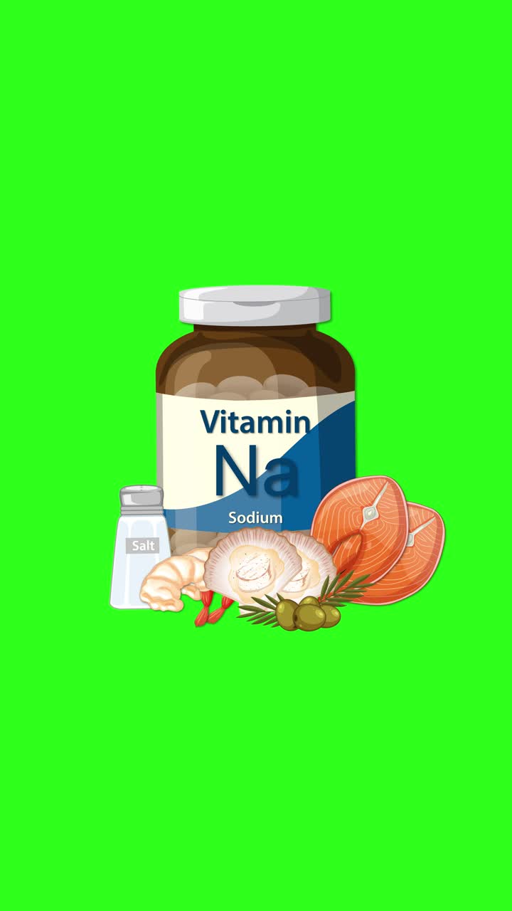 Flacone di sodio vitaminico appare con sale, cipolla, aglio e spezie su uno sfondo verde vibrante.