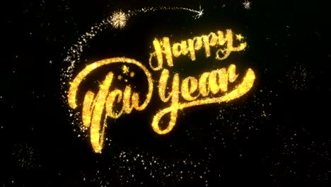 happy new year greeting and wishes card made from glitter particles and sparklers light dark night sky with colorful firework 4k background.