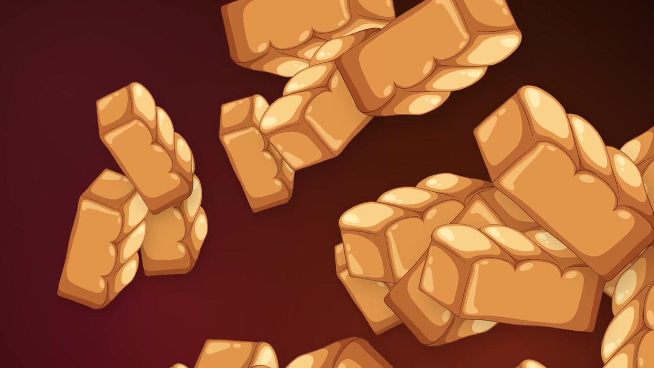 Cartoon bread loaves and braided pastries float and bounce against a dark red mesh background.