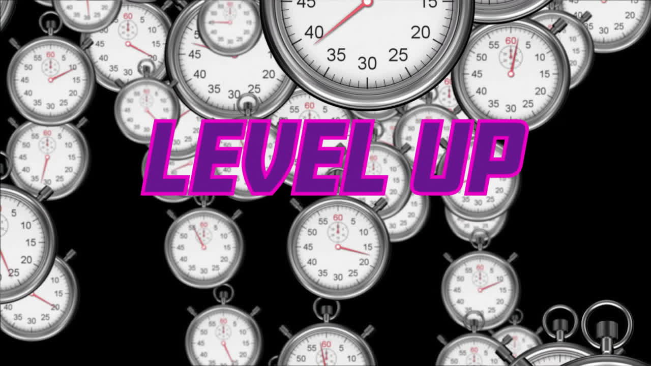Level up text animation over floating stopwatches on black background