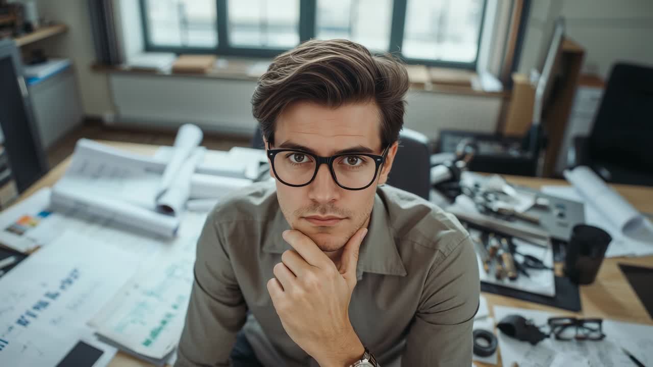 Starting facing camera, architect wearing glasses, shirt reviewing plans at desk with tools