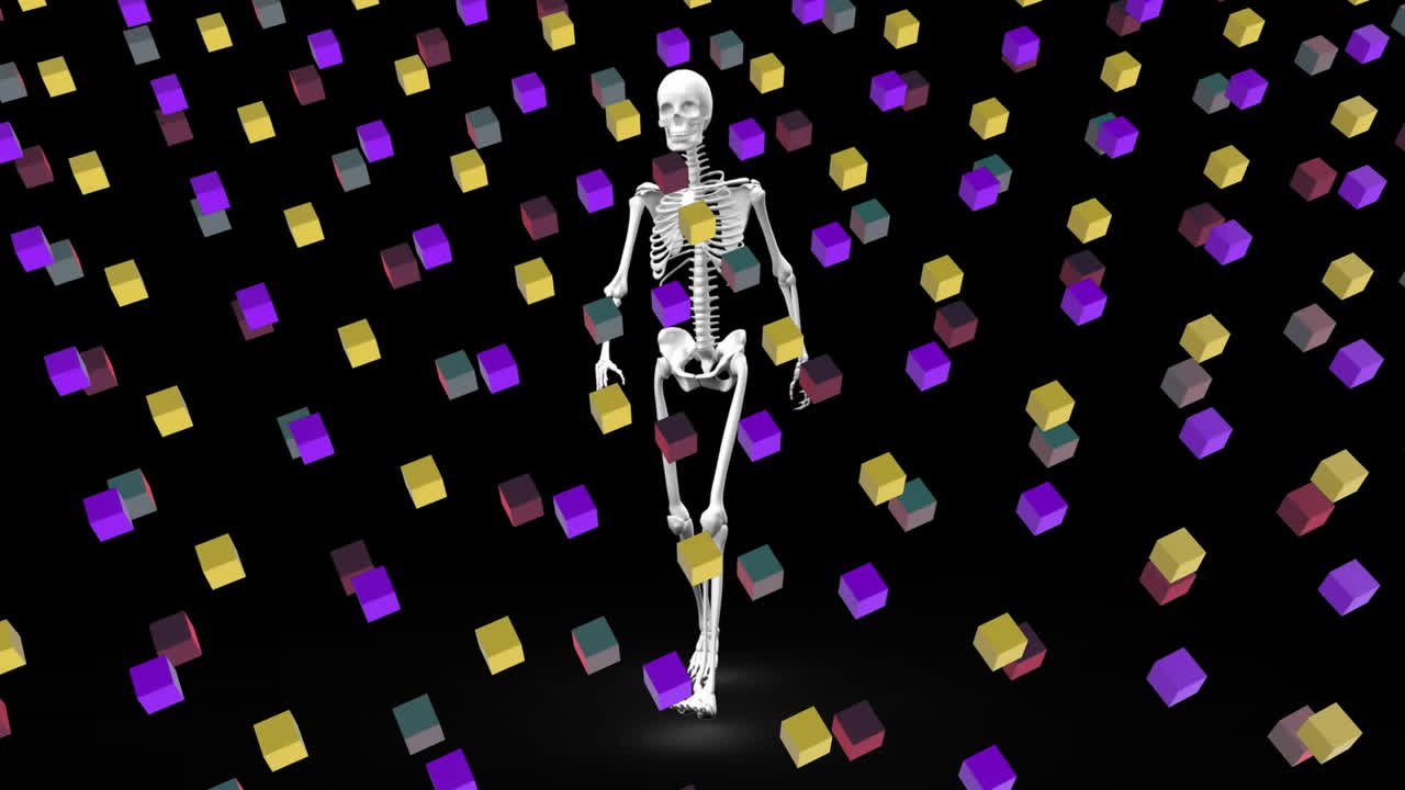 Skeleton standing with colorful cubes floating in black background animation