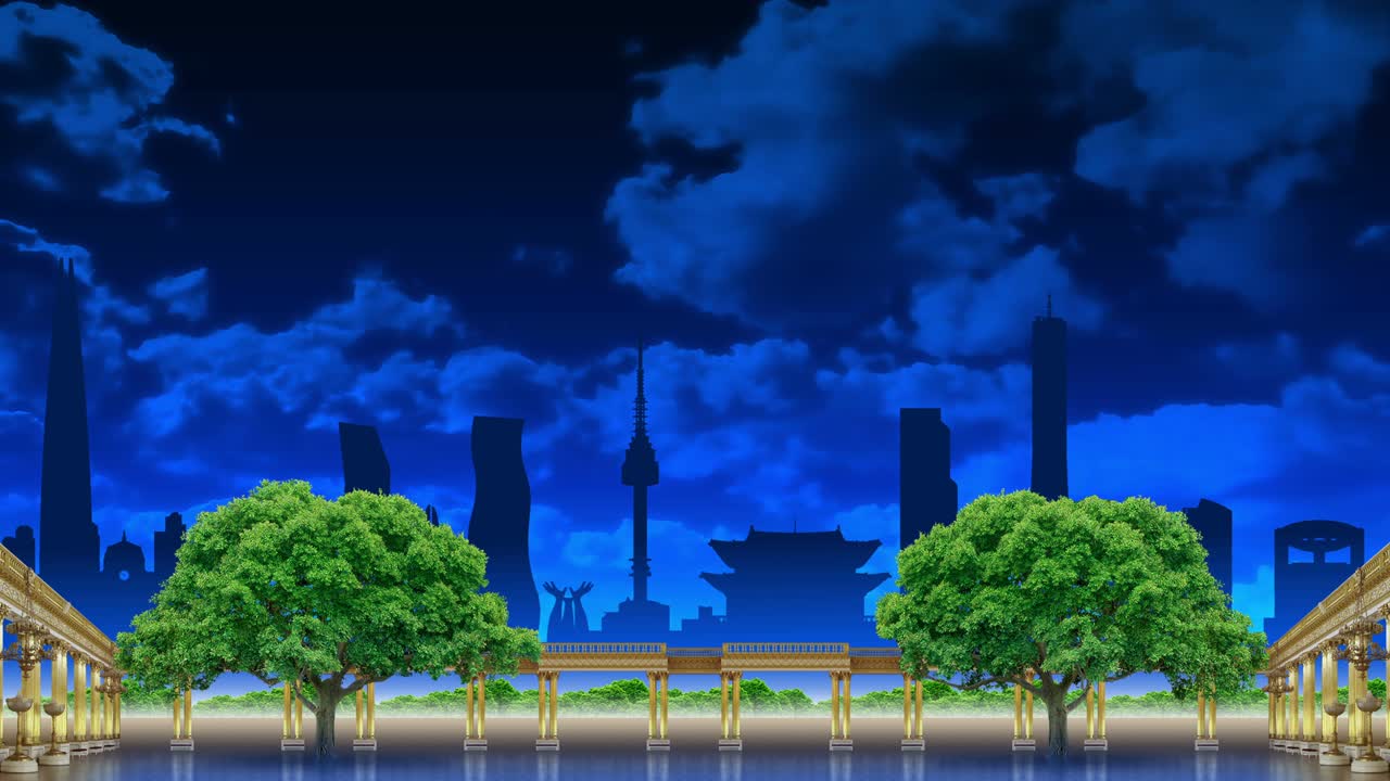 un fondo de concierto con una colonnada dorada y árboles en el telón de fondo de los puntos de referencia de seúl. animación del entorno de la ciudad para el espectáculo.