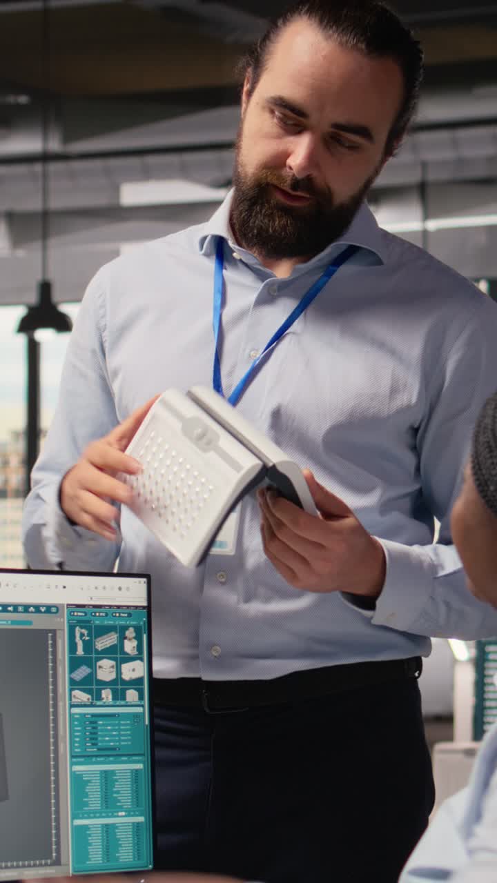 Team of technicians brainstorming solar powered device design