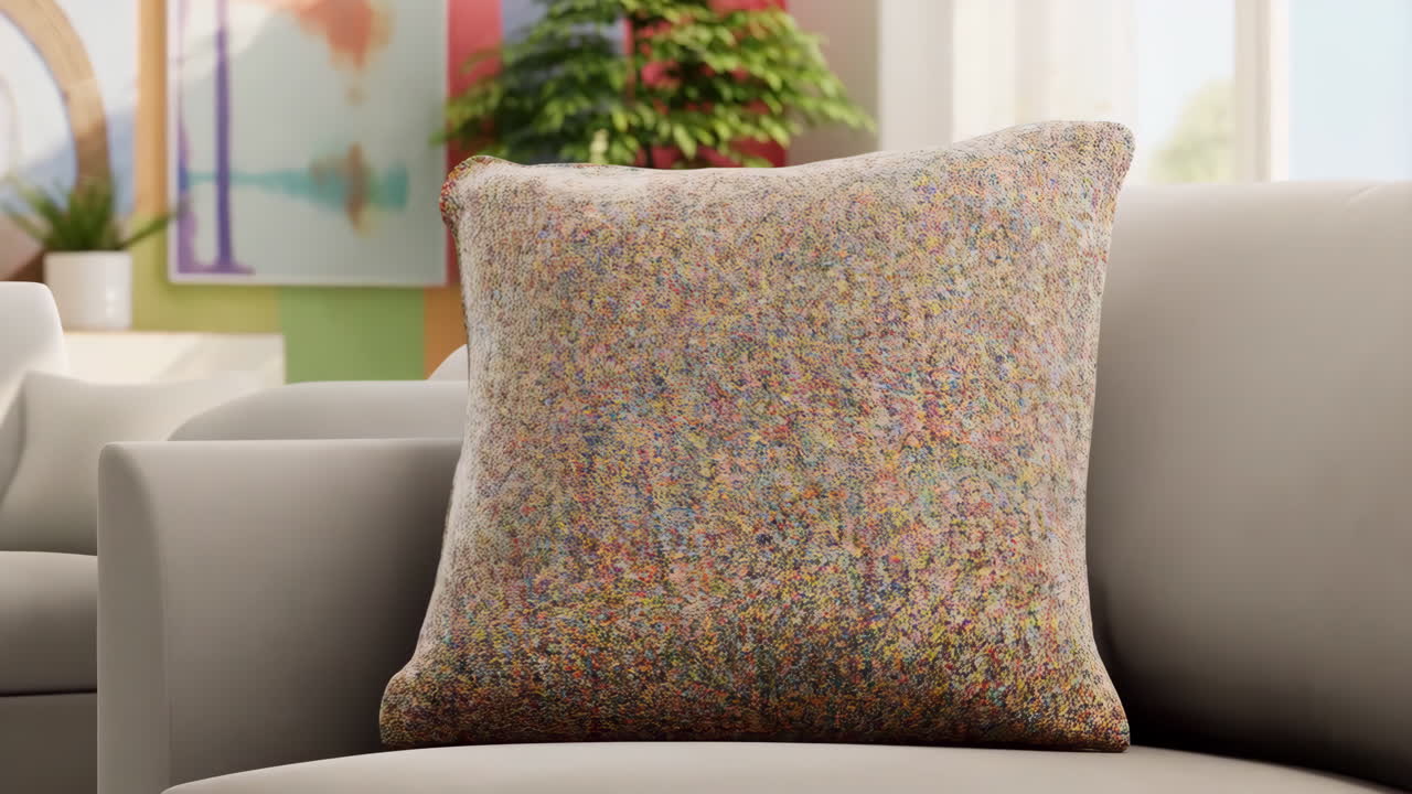 A colorful textured pillow on a sofa in a modern living room