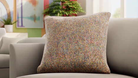 a colorful textured pillow on a sofa in a modern living room