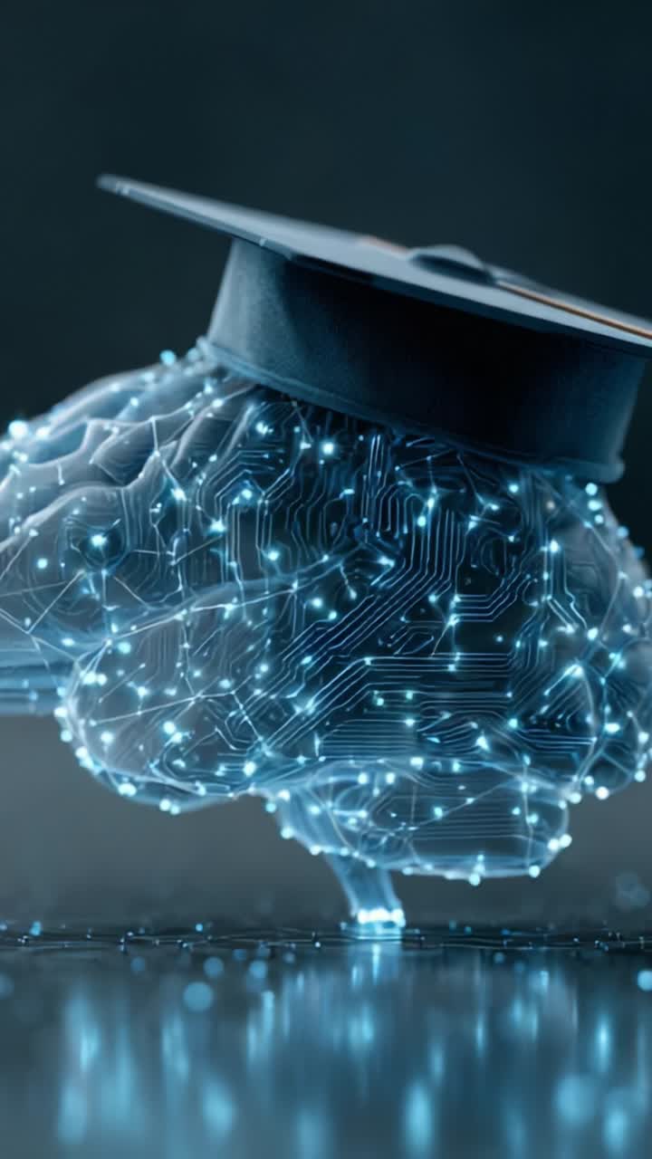 A Futuristic Representation of an Educated Brain Wearing a Graduation Cap, Symbolizing the Intersection of Technology, Knowledge, and Artificial Intelligence in Modern Learning