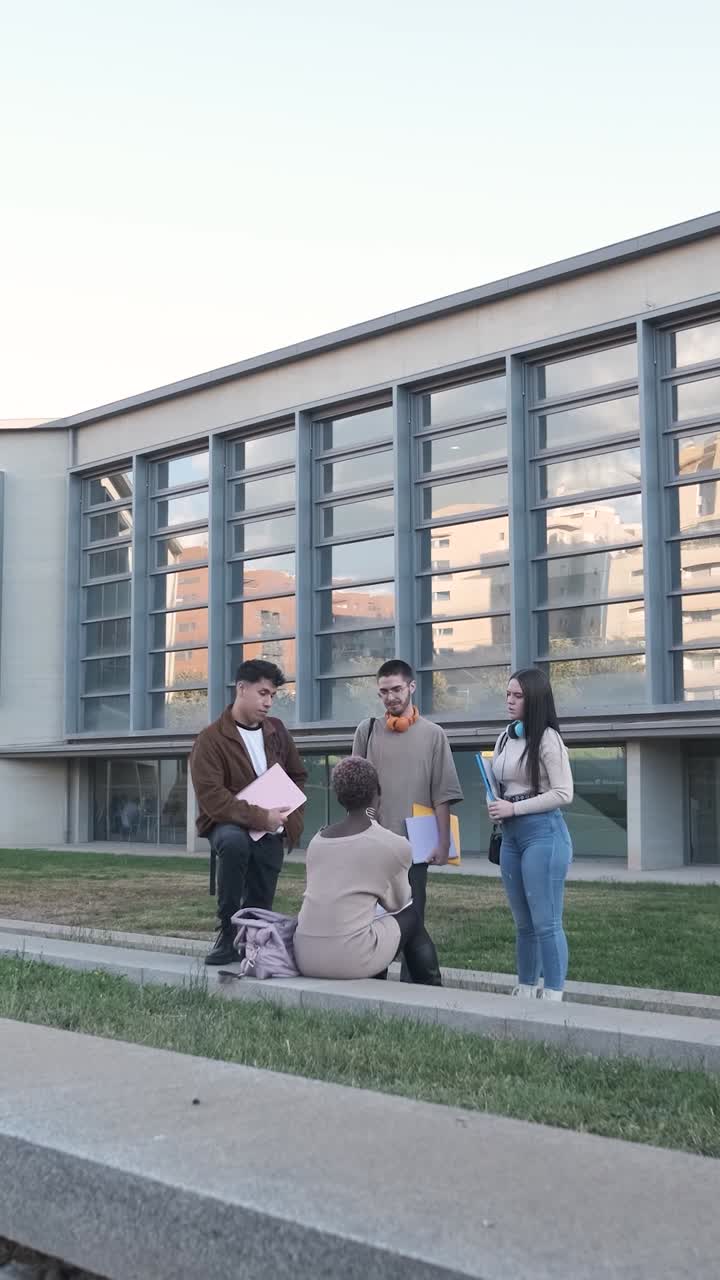 University campus with a group of students gathered together talking outdoors