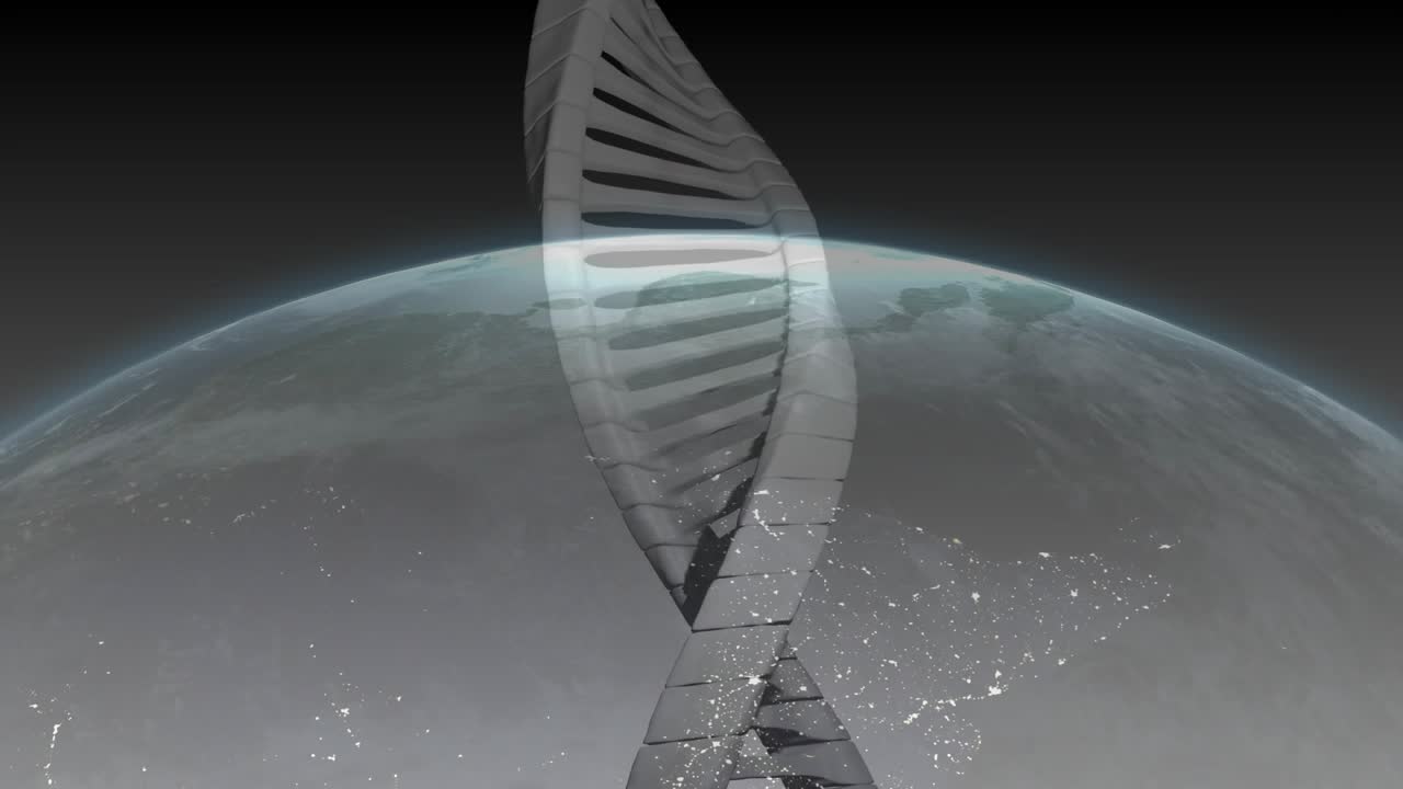 3D DNA helix appearing above glowing Earth limb rotating slowly to showcase genetic science