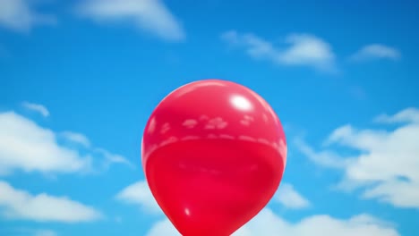 a vibrant red balloon drifts high into the sky, surrounded by fluffy white clouds on a sunny afternoon. the clear blue background enhances the cheerful atmosphere, capturing a moment of joy.