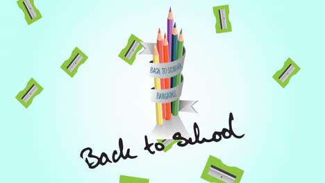 Animation-of-text-back-to-school-over-falling-green-pencil-sharpeners-and-colored-pencils-on-blue