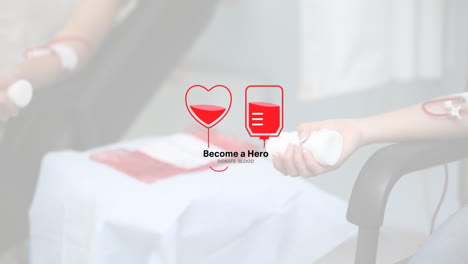 animation of heart shape blood bag and become a hero text over caucasian female patients