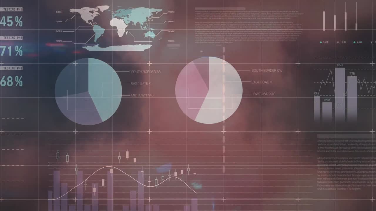 video compuesto del procesamiento de datos estadísticos contra nubes en el cielo azul
