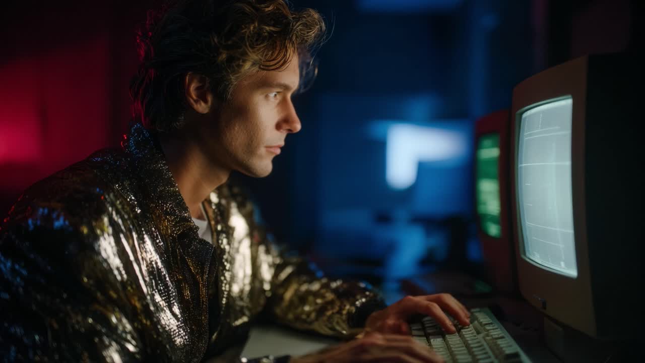 Focused young man in a shiny jacket interacts with vintage computer screens, highlighting technology, creativity, and a vibrant cyber atmosphere in modern exploration
