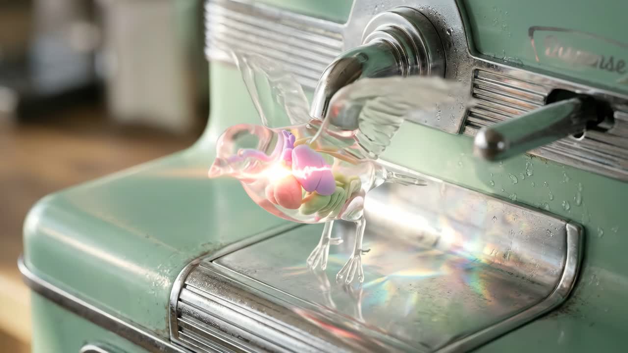 Animierter Glasvogel mit bunten Organen auf nostalgischem Spender