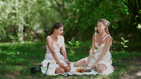 two women enjoying a picnic in the park on a sunny summer day