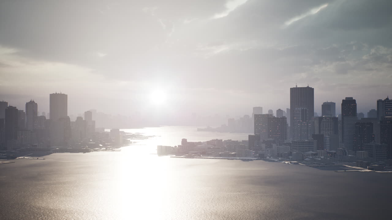 해가 지는 시점 에 초고층 건물 들 이 있는 스카이라인 공중 뷰